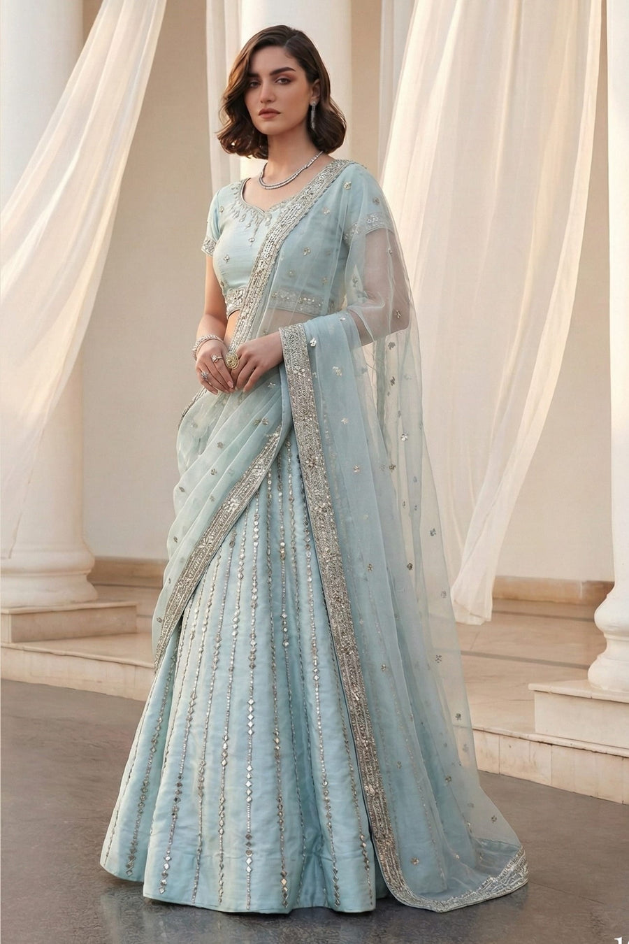 Light Sky Art Silk Lehenga Choli For Indian & Pakistani Wedding Festival - Sequins & Thread Embroidery Work, Zari Work, Real Mirror Work