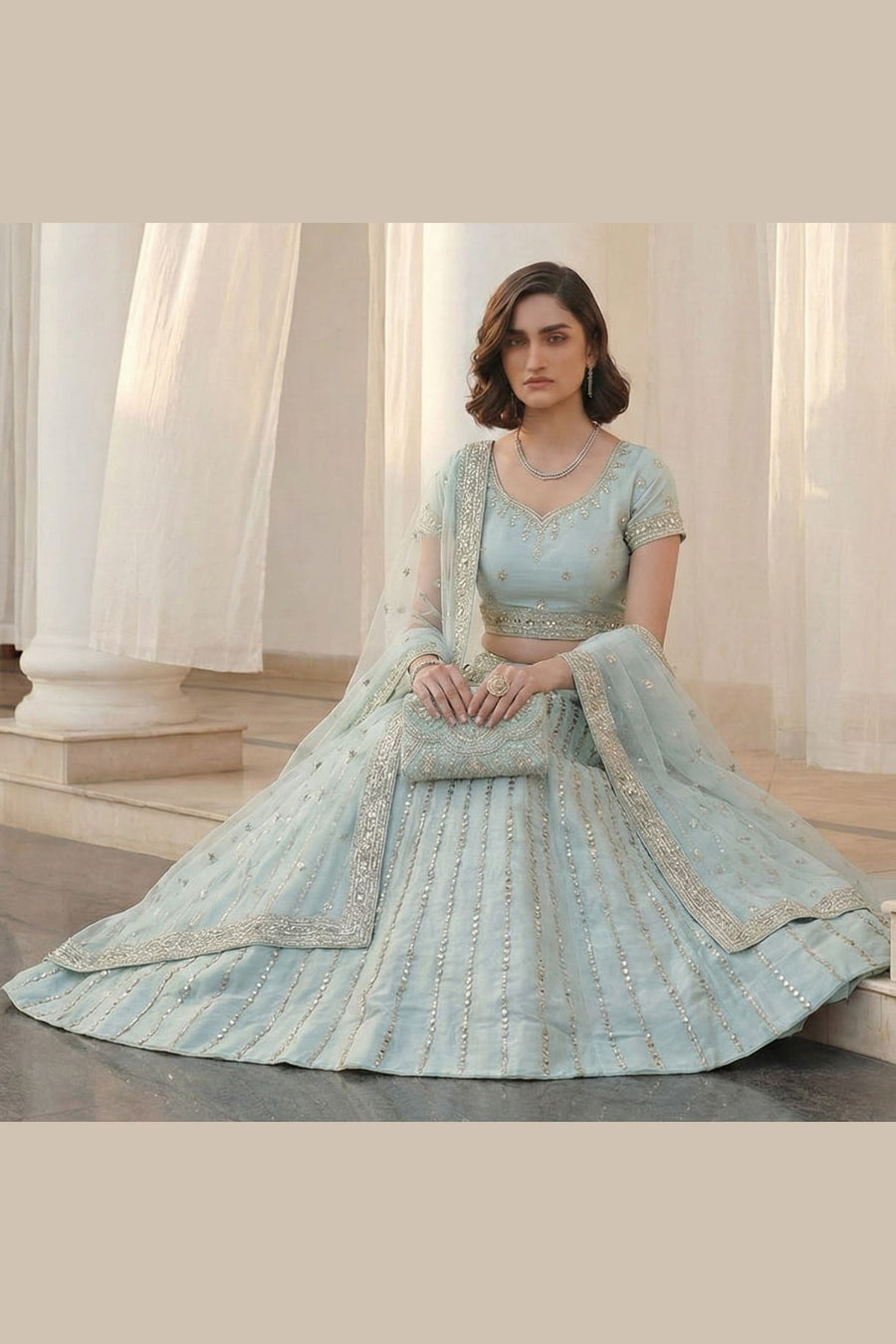 Light Sky Art Silk Lehenga Choli For Indian & Pakistani Wedding Festival - Sequins & Thread Embroidery Work, Zari Work, Real Mirror Work