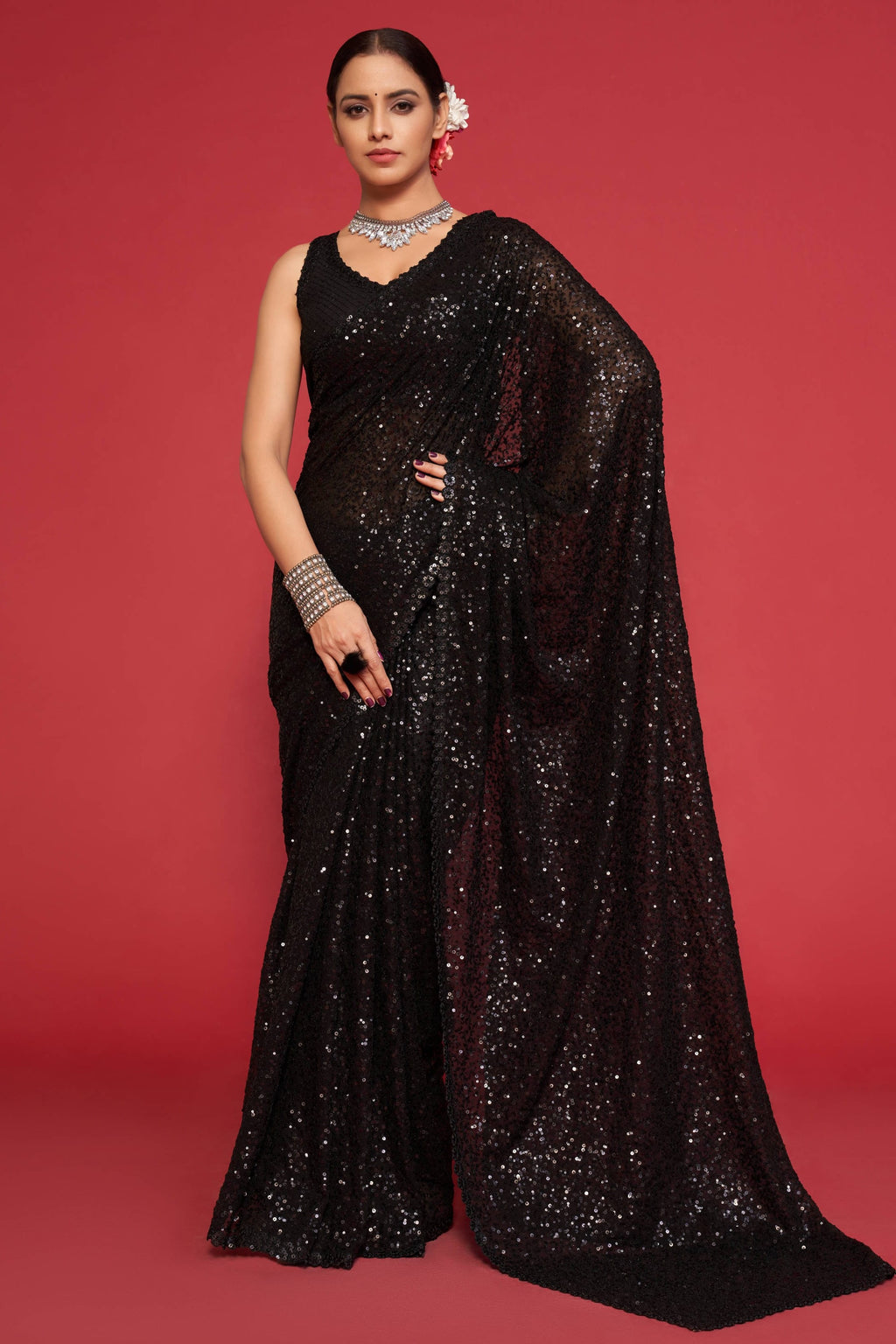 Black Georgette Party Wear Saree with Blouse and Underskirt