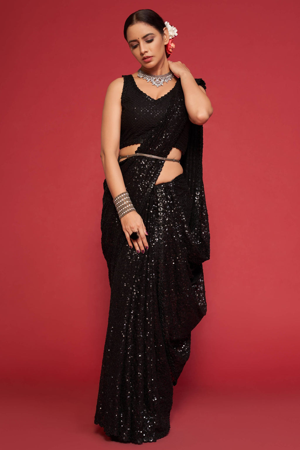 Black Georgette Party Wear Saree with Blouse and Underskirt