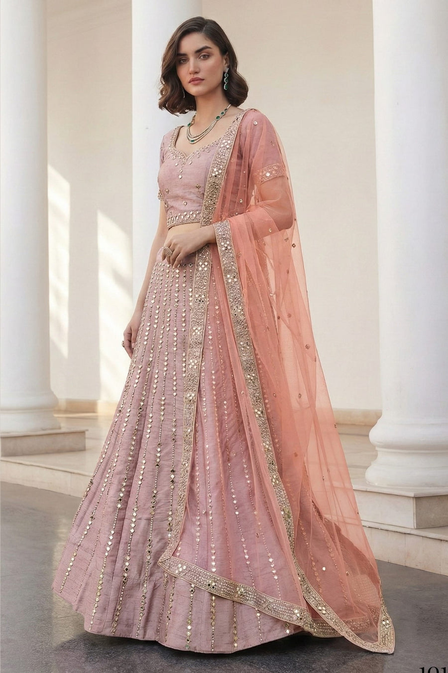 Durty Pink Art Silk Lehenga Choli For Indian & Pakistani Wedding Festival - Sequins & Thread Embroidery Work, Zari Work, Real Mirror Work