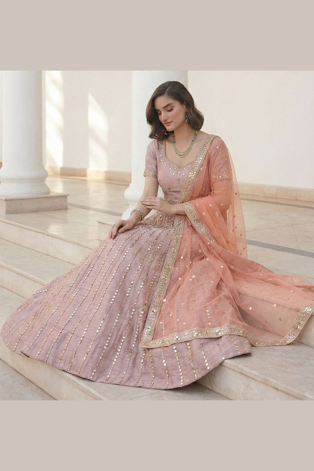 Durty Pink Art Silk Lehenga Choli For Indian & Pakistani Wedding Festival - Sequins & Thread Embroidery Work, Zari Work, Real Mirror Work