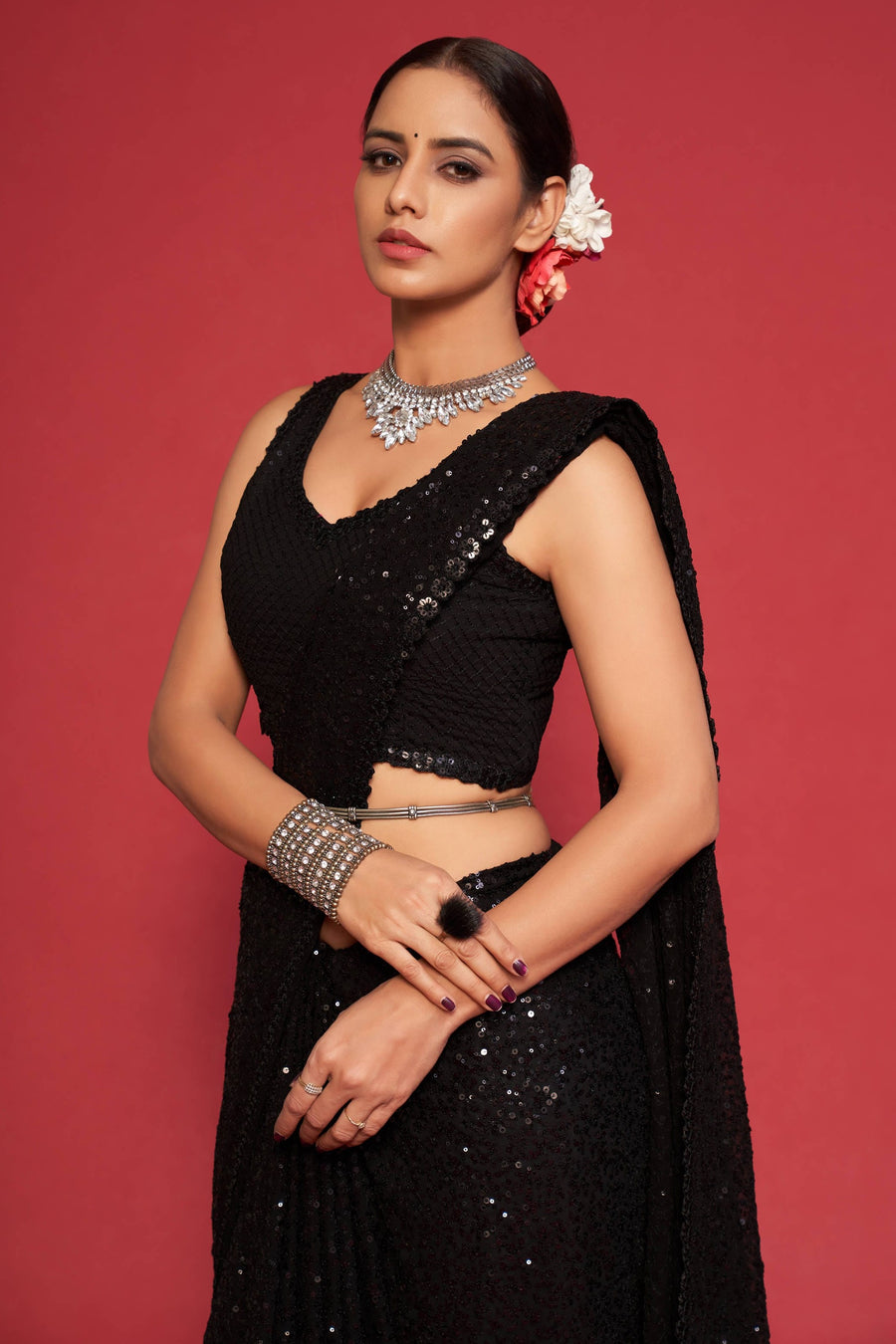 Black Georgette Party Wear Saree with Blouse and Underskirt