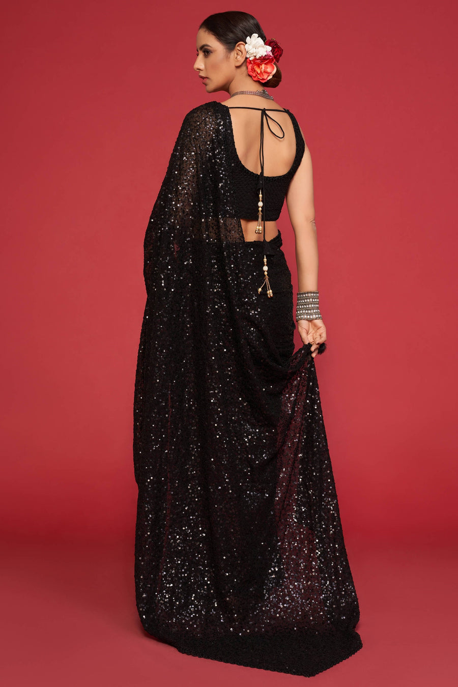 Black Georgette Party Wear Saree with Blouse and Underskirt