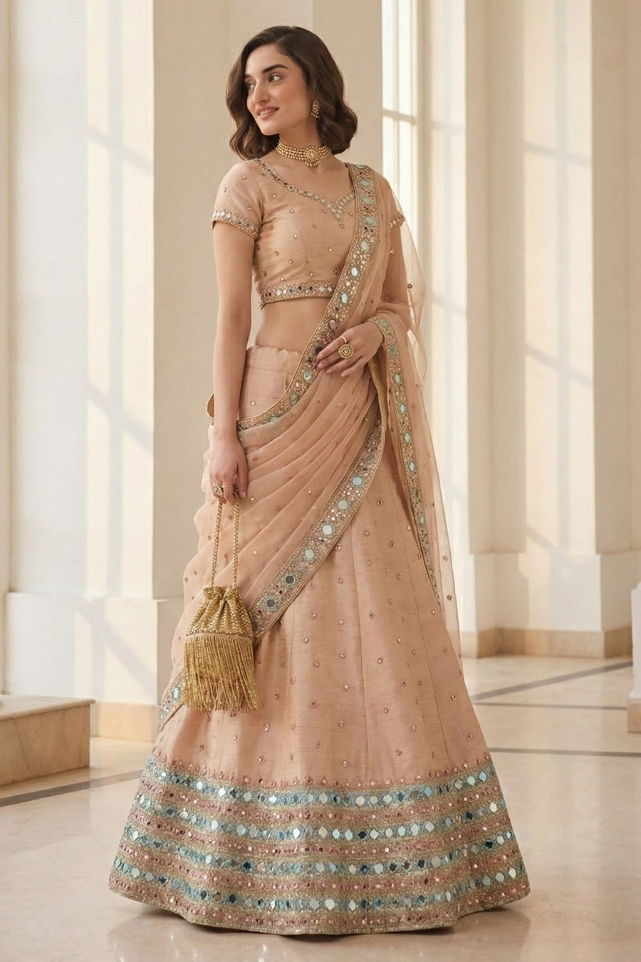 Peach Art Silk Lehenga Choli For Indian & Pakistani Wedding Festival - Sequins & Thread Embroidery Work, Zari Work, Real Mirror Work