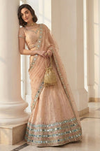 Peach Art Silk Lehenga Choli For Indian & Pakistani Wedding Festival - Sequins & Thread Embroidery Work, Zari Work, Real Mirror Work