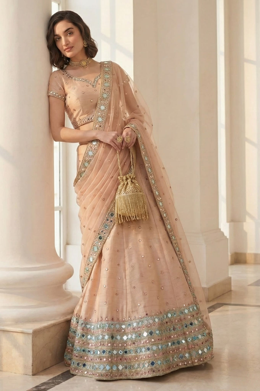 Peach Art Silk Lehenga Choli For Indian & Pakistani Wedding Festival - Sequins & Thread Embroidery Work, Zari Work, Real Mirror Work
