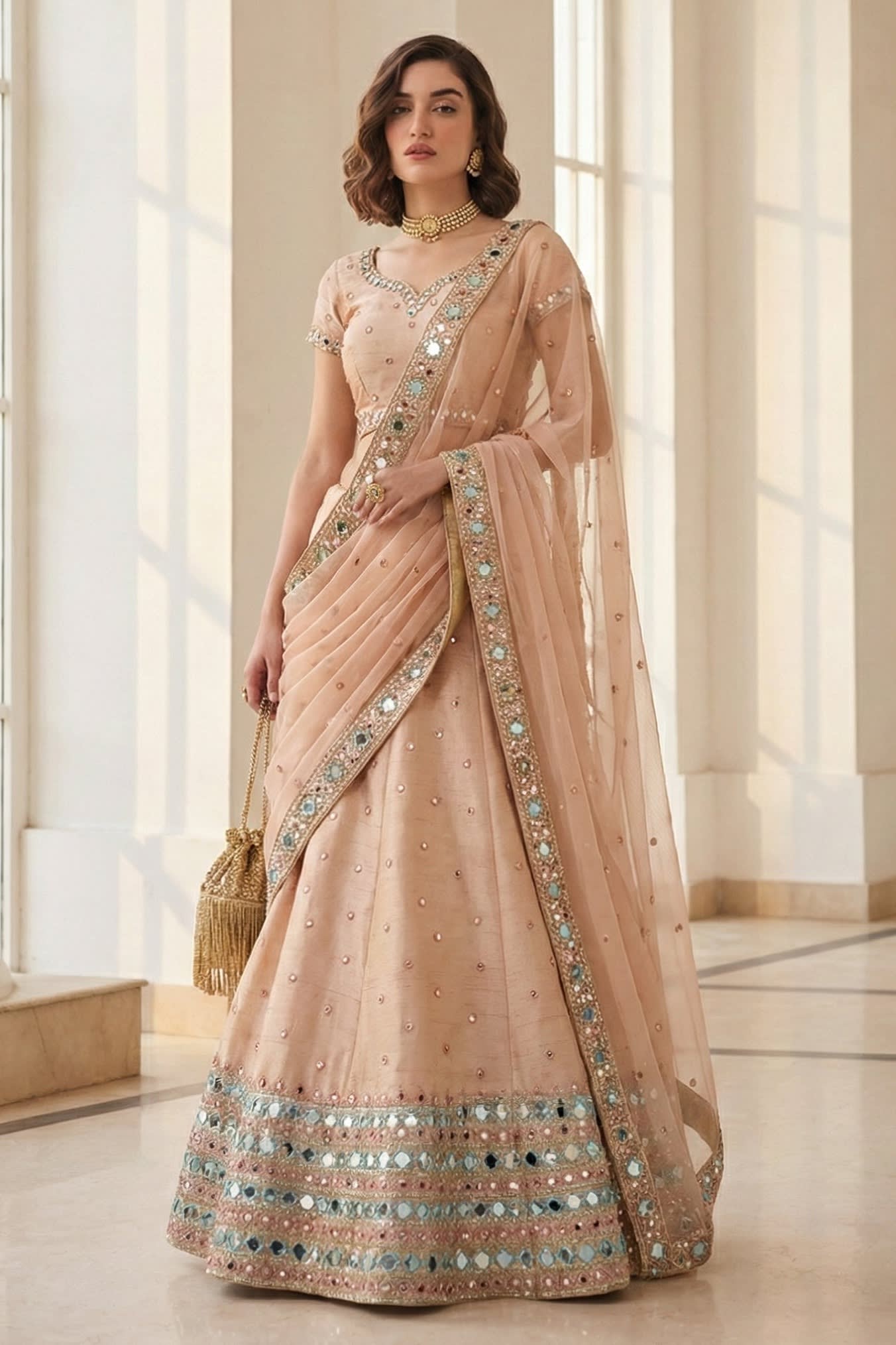 Peach Art Silk Lehenga Choli For Indian & Pakistani Wedding Festival - Sequins & Thread Embroidery Work, Zari Work, Real Mirror Work