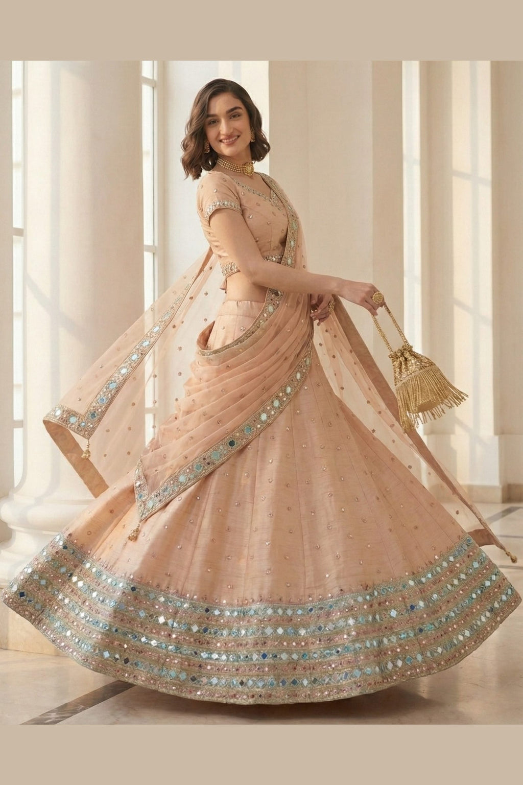 Peach Art Silk Lehenga Choli For Indian & Pakistani Wedding Festival - Sequins & Thread Embroidery Work, Zari Work, Real Mirror Work