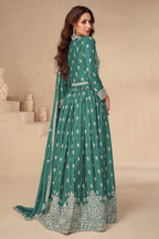 Green Chinon Silk Anarkali Suit With Skirt For Indian & Pakistani Wedding Festival - Thread Embroidery Work