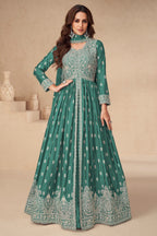 Teal Chinon Silk Anarkali Suit With Skirt For Indian & Pakistani Wedding Festival - Thread Embroidery Work