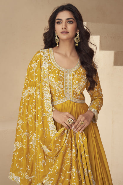 Mustard Chinon Silk Floor Full Length Anarkali Gown For Indian Festival & Wedding - Embroidery Work