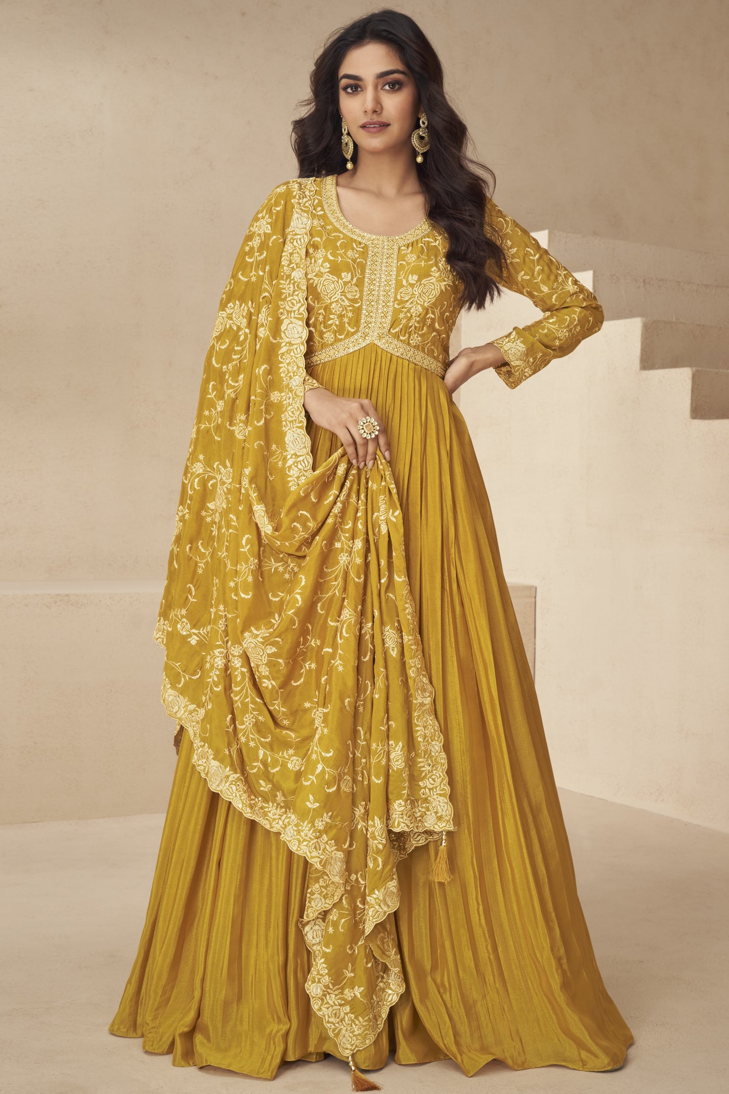 Mustard Chinon Silk Floor Full Length Anarkali Gown For Indian Festival & Wedding - Embroidery Work