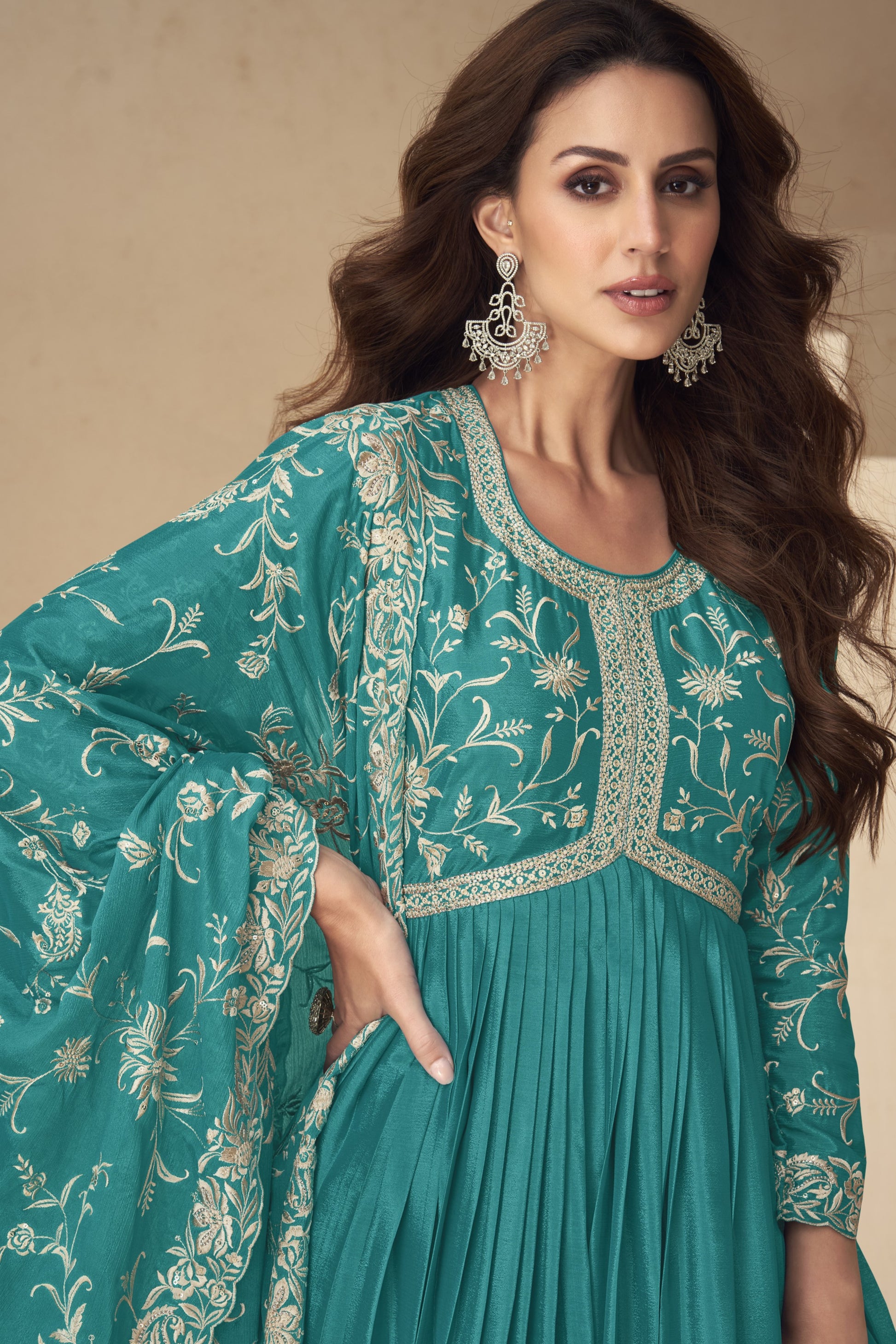 Turquoise Chinon Silk Floor Full Length Anarkali Gown For Indian Festival & Wedding - Embroidery Work