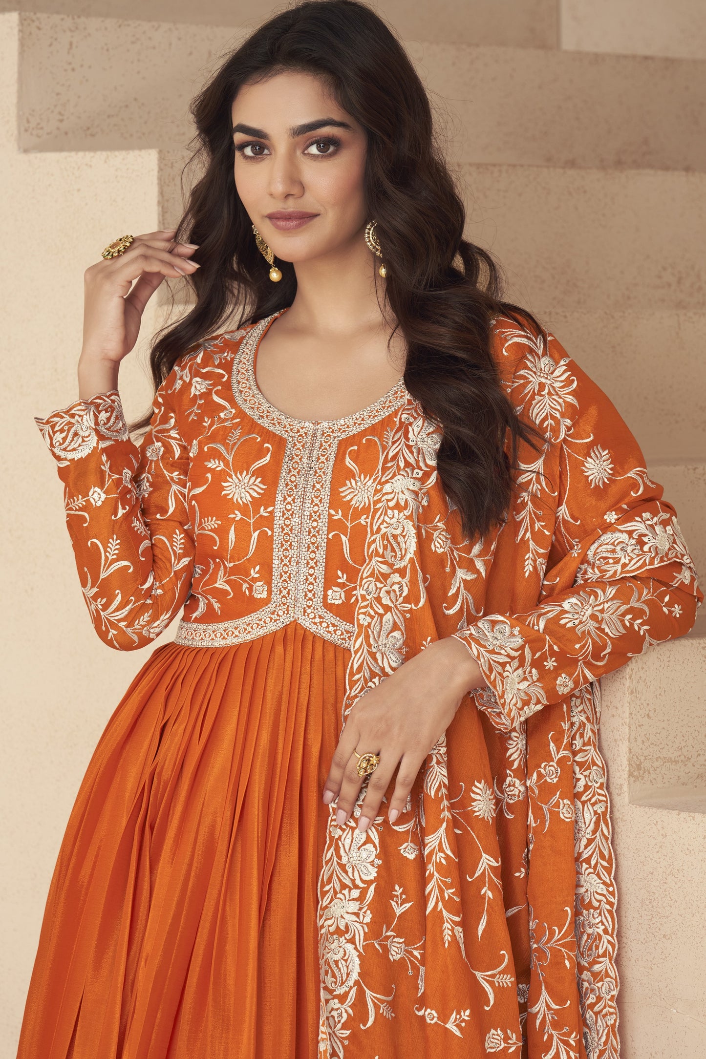 Orange Chinon Silk Floor Full Length Anarkali Gown For Indian Festival & Wedding - Embroidery Work