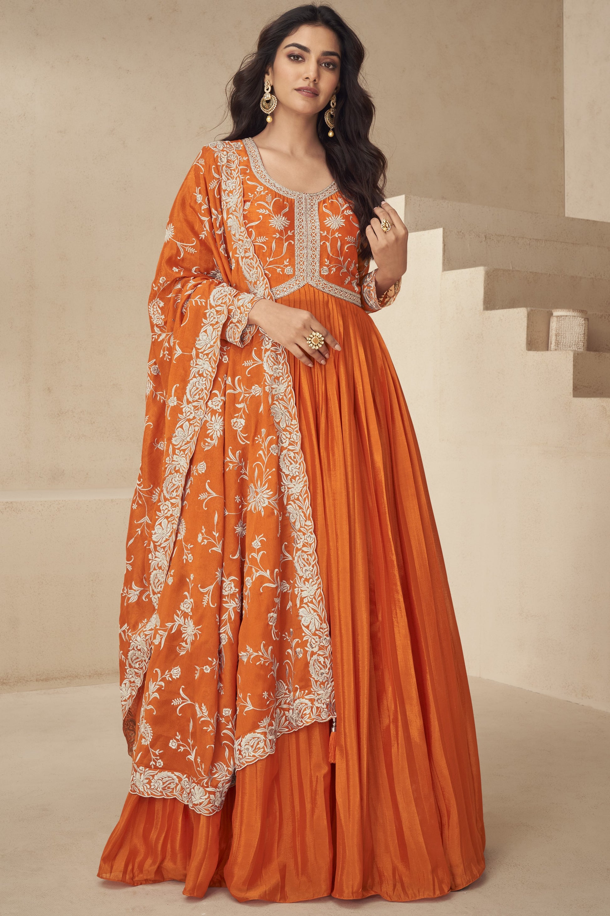 Orange Chinon Silk Floor Full Length Anarkali Gown For Indian Festival & Wedding - Embroidery Work