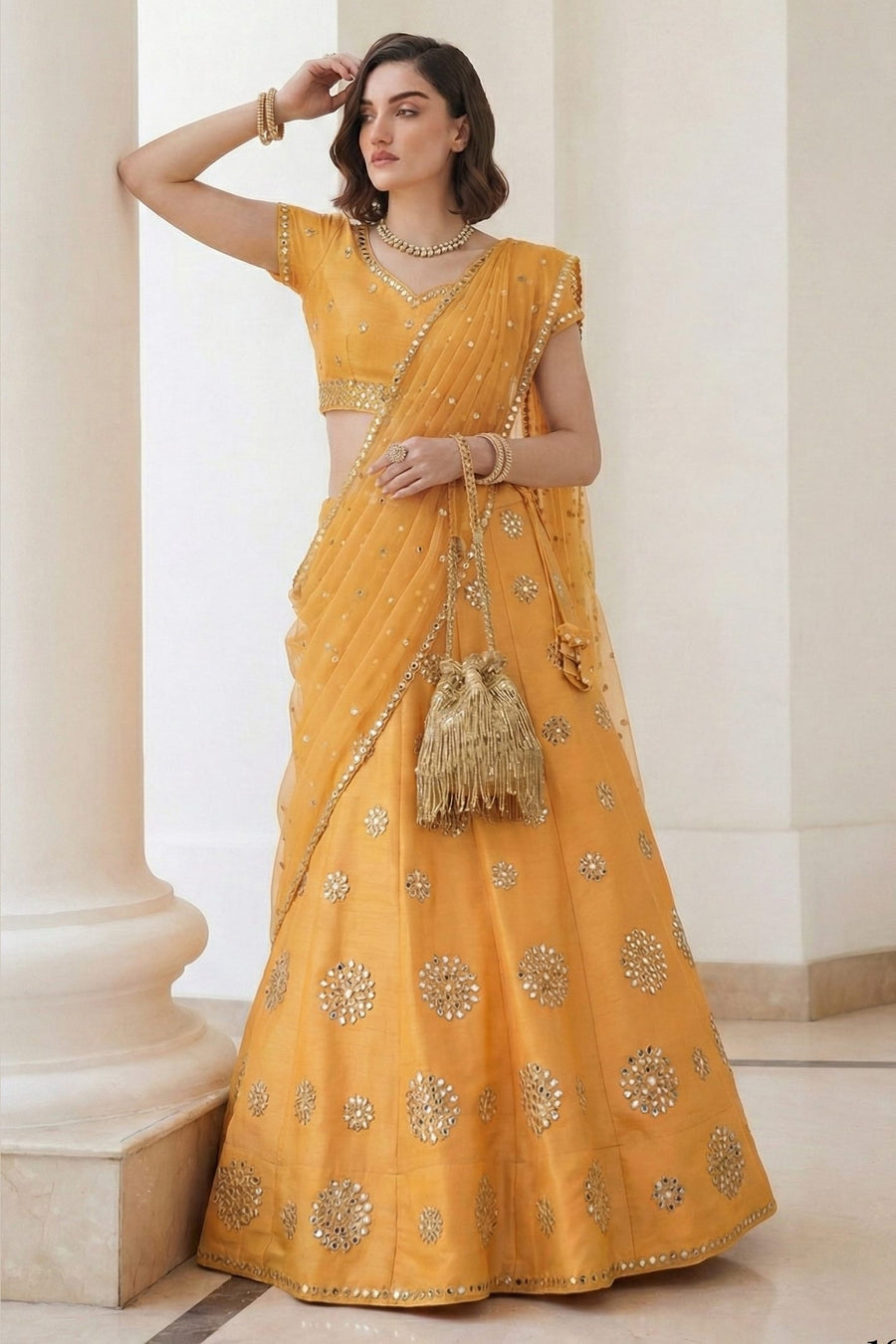 Yellow Art Silk Lehenga Choli For Indian & Pakistani Wedding Festival - Sequins & Thread Embroidery Work, Zari Work, Real Mirror Work