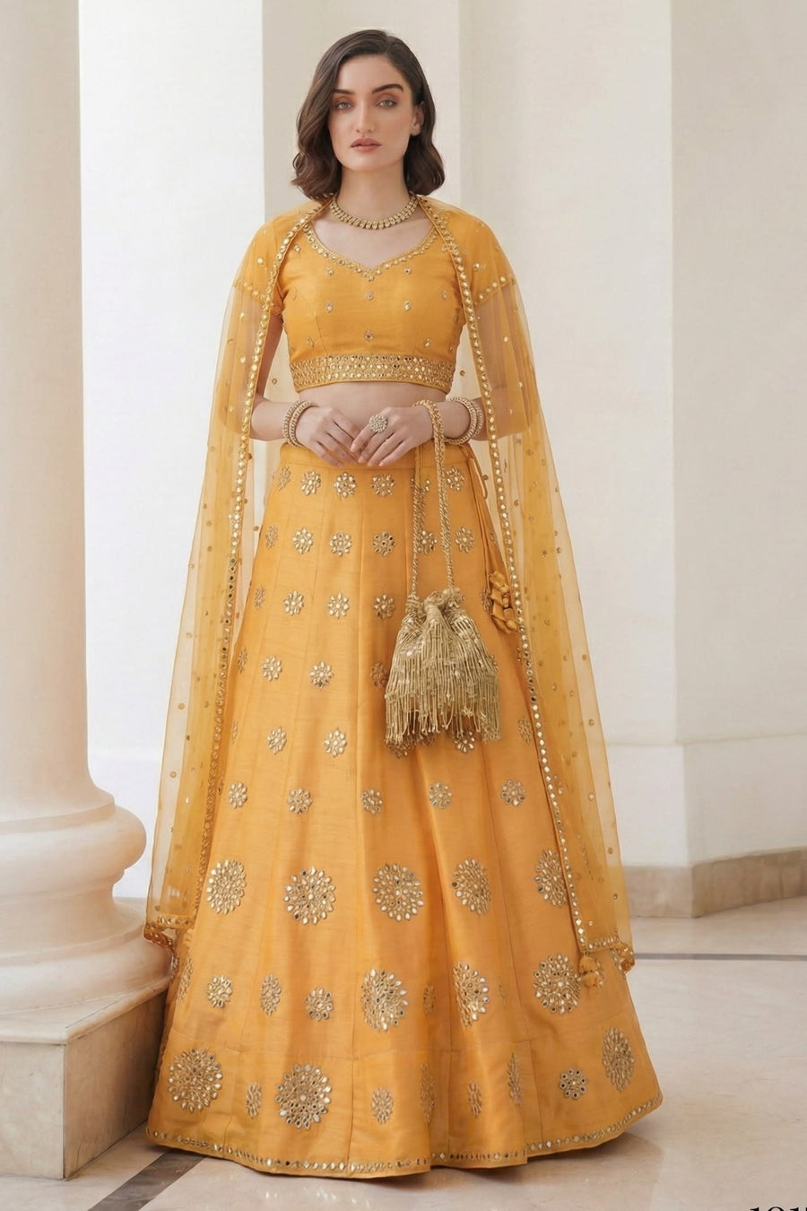 Yellow Art Silk Lehenga Choli For Indian & Pakistani Wedding Festival - Sequins & Thread Embroidery Work, Zari Work, Real Mirror Work