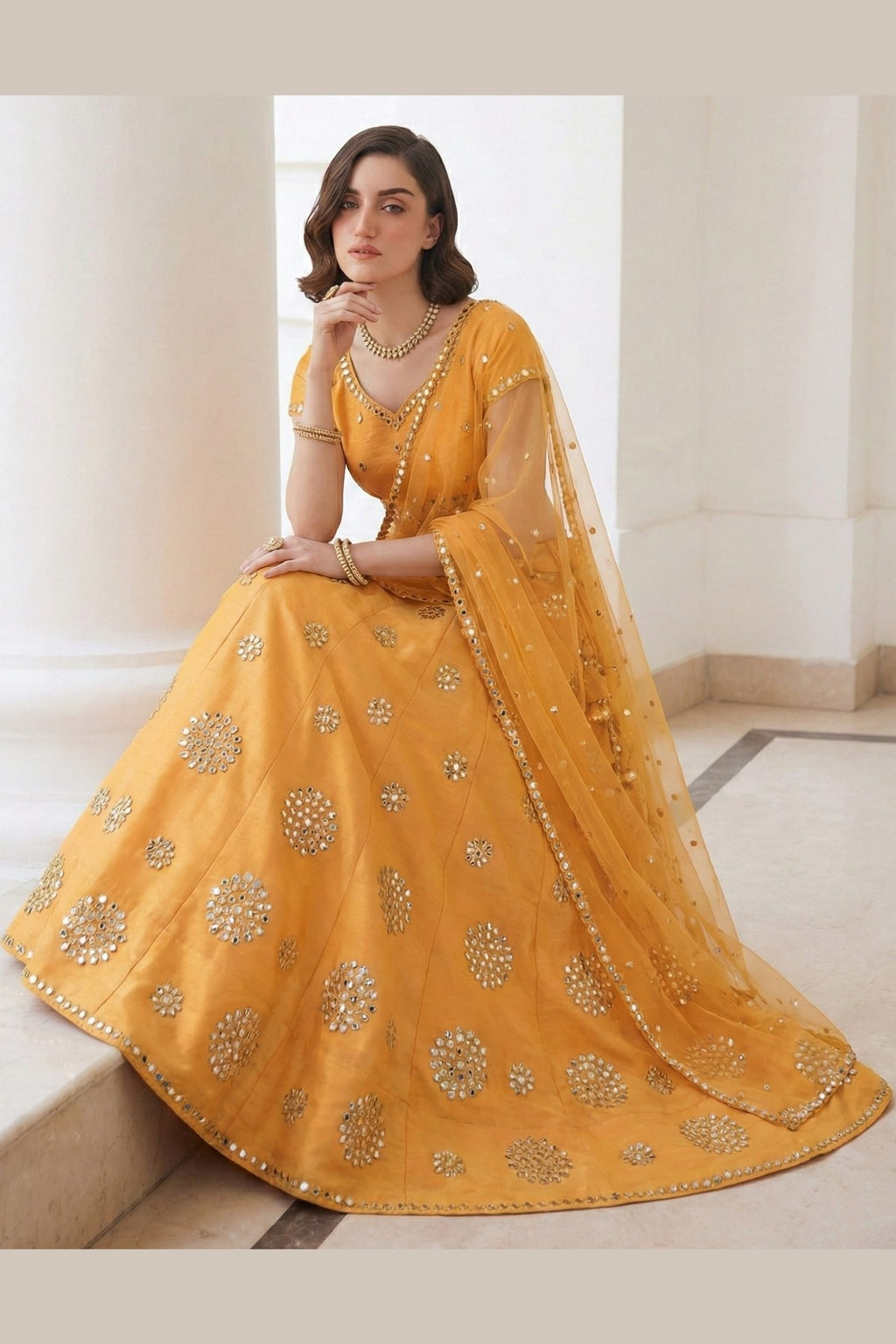 Yellow Art Silk Lehenga Choli For Indian & Pakistani Wedding Festival - Sequins & Thread Embroidery Work, Zari Work, Real Mirror Work