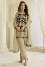 Beige palazzo suit with a beige floral embroidery panel, sheer dupatta and straight-leg palazzo pants.