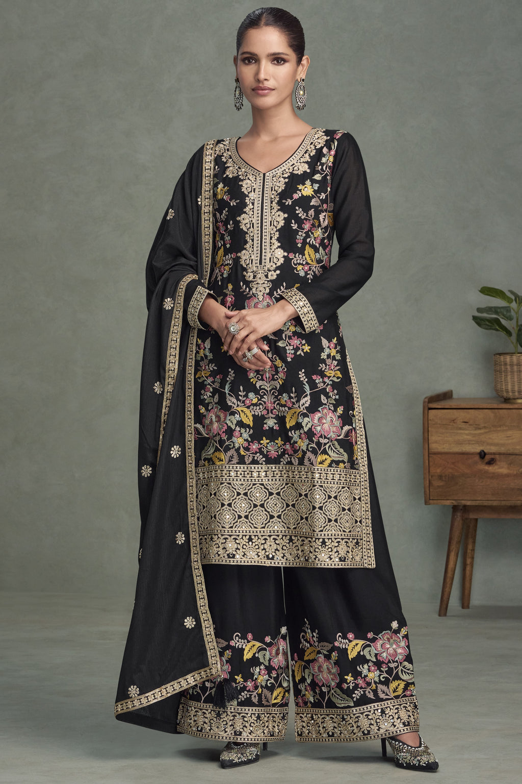 Black Chinon Silk Palazzo Suit For Indian Wedding & Pakistani Festival - Embroidery Work
