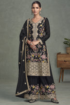 Black Chinon Silk Palazzo Suit For Indian Wedding & Pakistani Festival - Embroidery Work