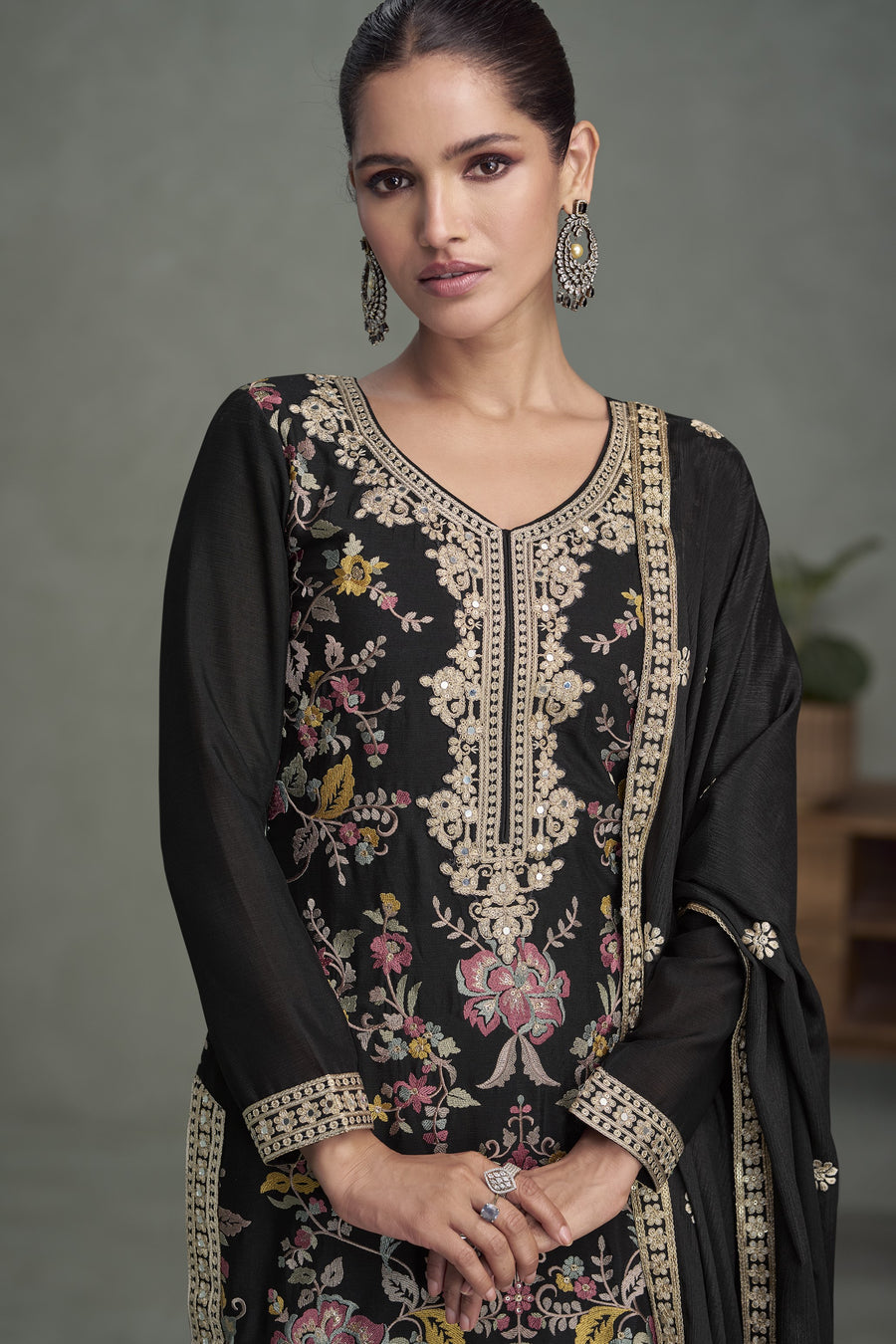 Black Chinon Silk Palazzo Suit For Indian Wedding & Pakistani Festival - Embroidery Work