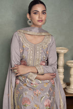 Light Gray Chinon Silk Palazzo Suit For Indian Wedding & Pakistani Festival - Embroidery Work