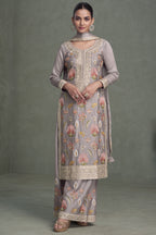 Light Gray Chinon Silk Palazzo Suit For Indian Wedding & Pakistani Festival - Embroidery Work