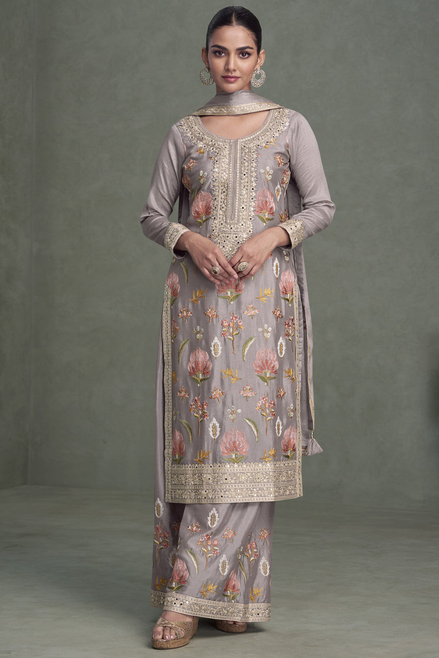 Light Gray Chinon Silk Palazzo Suit For Indian Wedding & Pakistani Festival - Embroidery Work