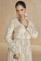 Cream Georgette Georgette Long Anarkali Suit with Front Slit For Indian Festivals & Pakistani Weddings Dress - Embroidery Work