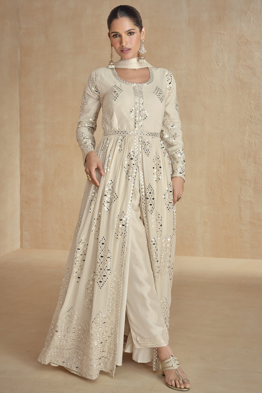 Cream Georgette Georgette Long Anarkali Suit with Front Slit For Indian Festivals & Pakistani Weddings Dress - Embroidery Work
