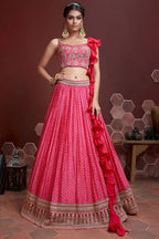 Pink Chinon Silk Party Wear Lehenga Choli For Indian & Pakistani Wedding Festival - Print Work, Swarovski Work, Embroidery Work