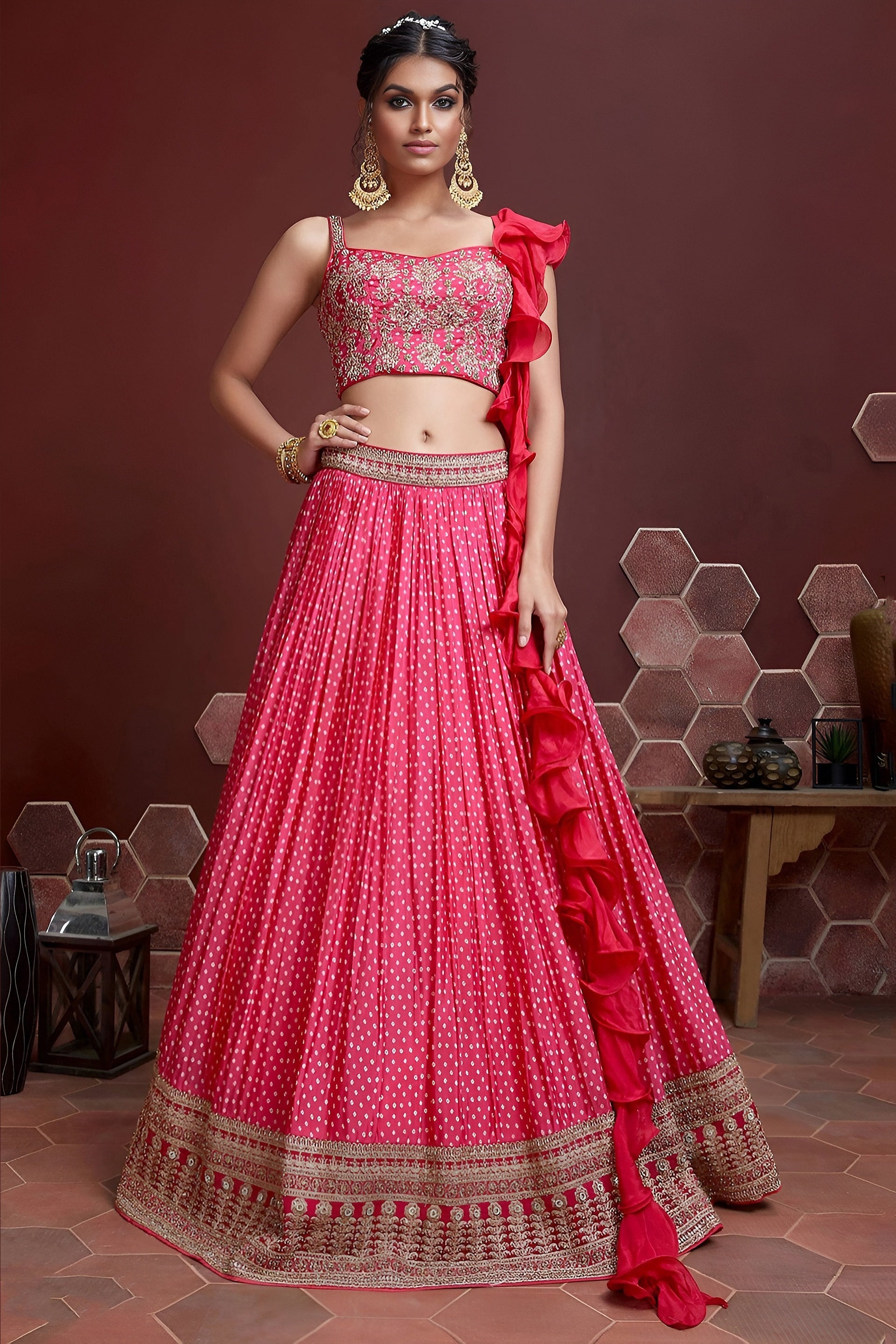 Pink Chinon Silk Party Wear Lehenga Choli For Indian & Pakistani Wedding Festival - Print Work, Swarovski Work, Embroidery Work