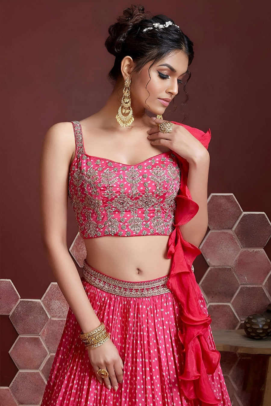 Pink Chinon Silk Party Wear Lehenga Choli For Indian & Pakistani Wedding Festival - Print Work, Swarovski Work, Embroidery Work