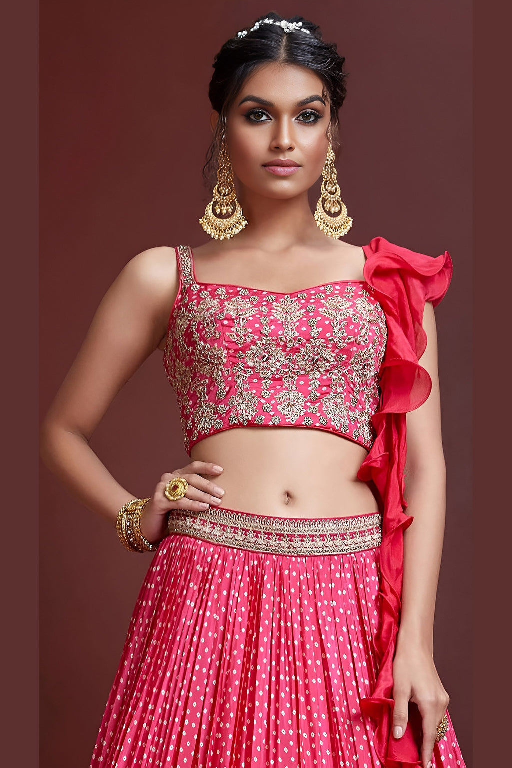 Pink Chinon Silk Party Wear Lehenga Choli For Indian & Pakistani Wedding Festival - Print Work, Swarovski Work, Embroidery Work