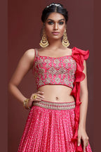 Pink Chinon Silk Party Wear Lehenga Choli For Indian & Pakistani Wedding Festival - Print Work, Swarovski Work, Embroidery Work