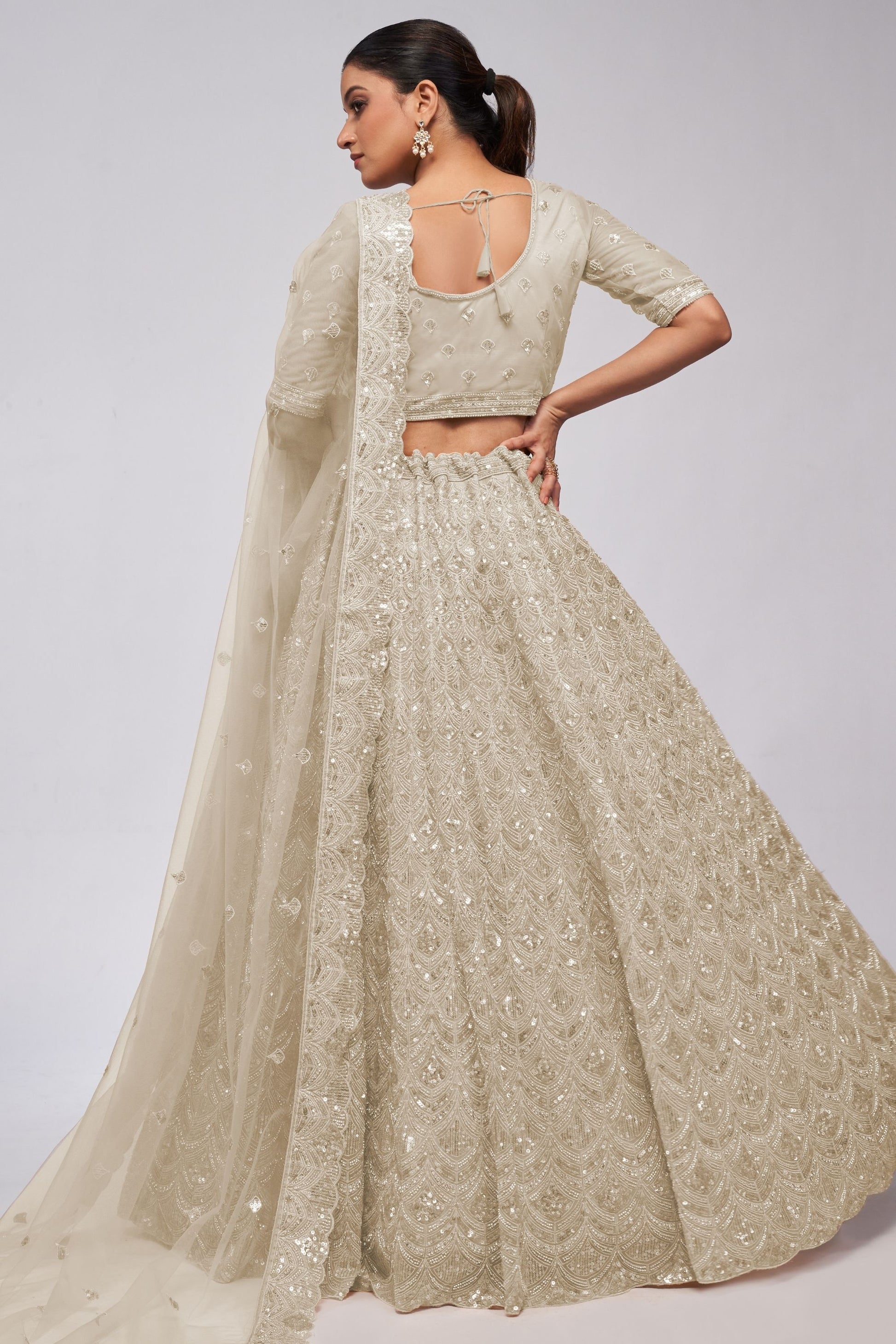 Off White Soft Net Lehenga Choli For Indian Festivals & Weddings - Sequins Work, Bead Work, Zarkan Work