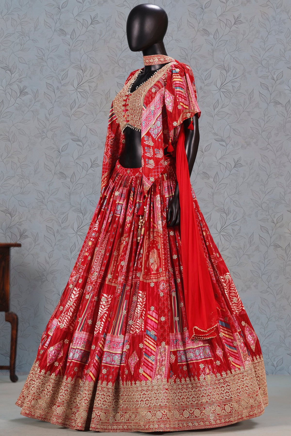 Red Chinon Silk Lehenga Choli For Indian & Pakistani Wedding Festival - Print Work, Dori Work, Zari Work