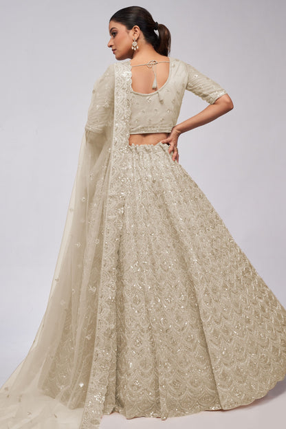 Off White Soft Net Lehenga Choli For Indian Festivals & Weddings - Sequins Work, Bead Work, Zarkan Work