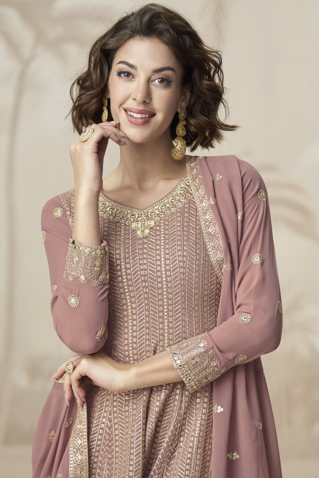 Rose Gold Georgette Palazzo Suit For Indian & Pakistani Wedding Festival - Embroidery Work