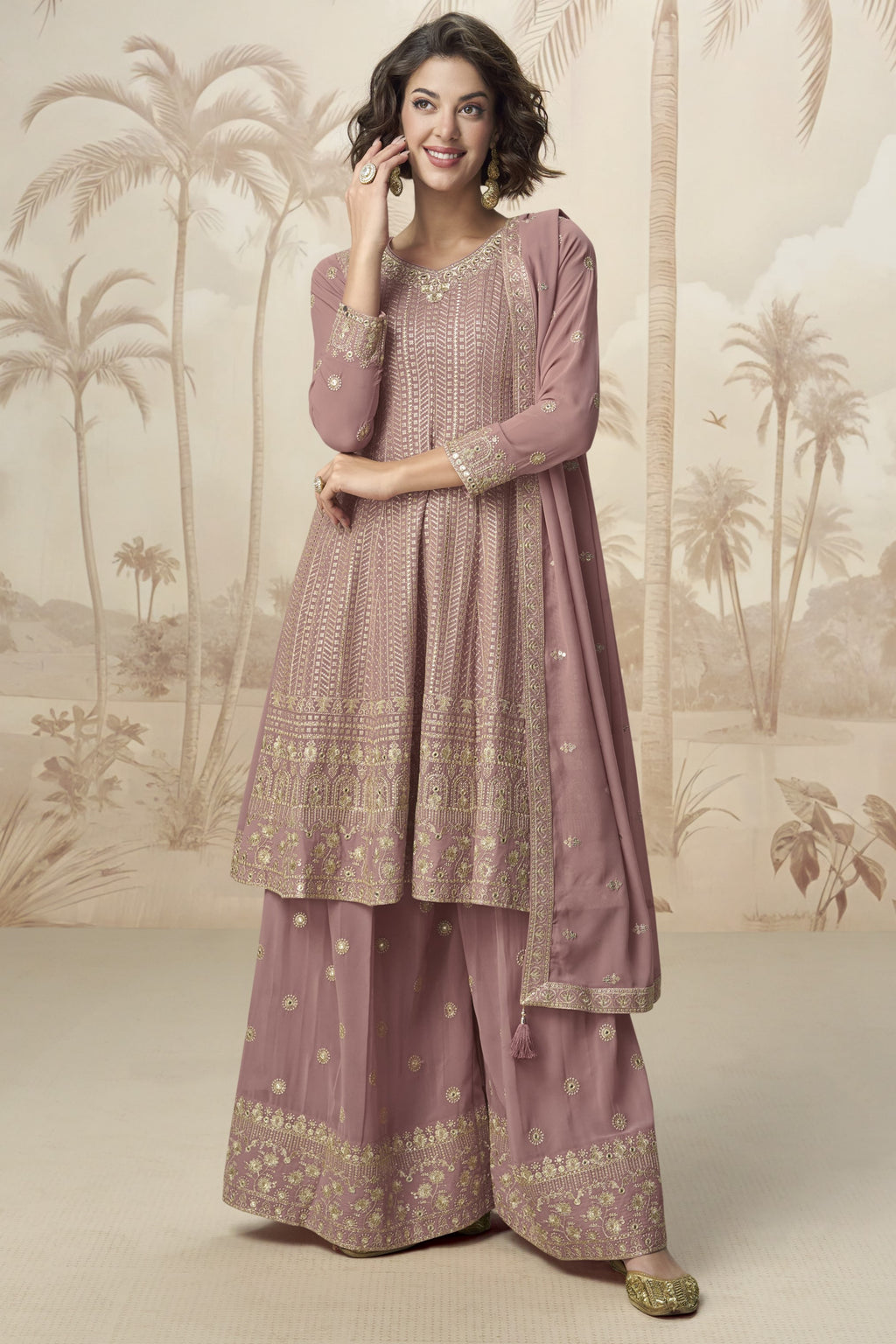 Rose Gold Georgette Palazzo Suit For Indian & Pakistani Wedding Festival - Embroidery Work
