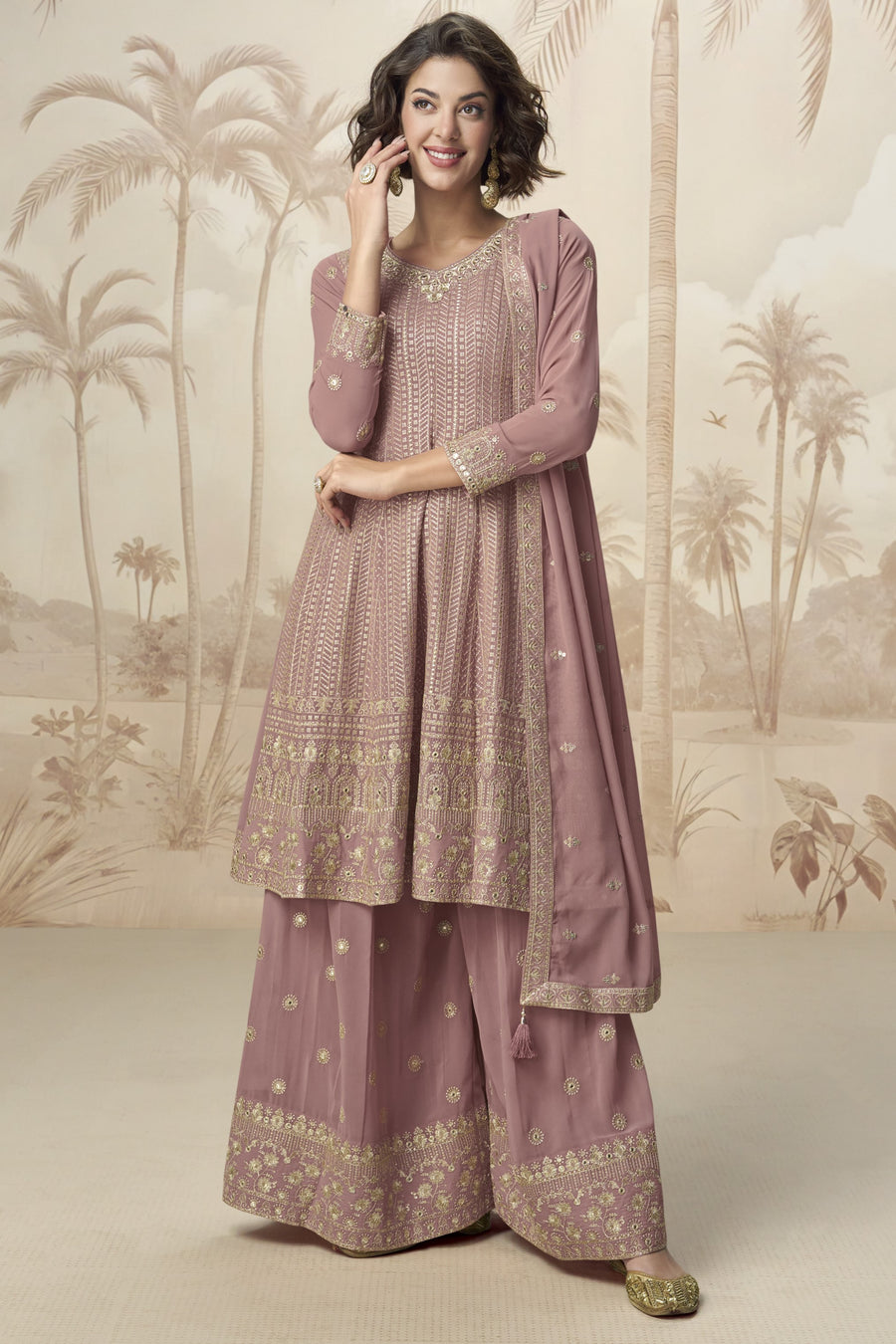Rose Gold Georgette Palazzo Suit For Indian & Pakistani Wedding Festival - Embroidery Work