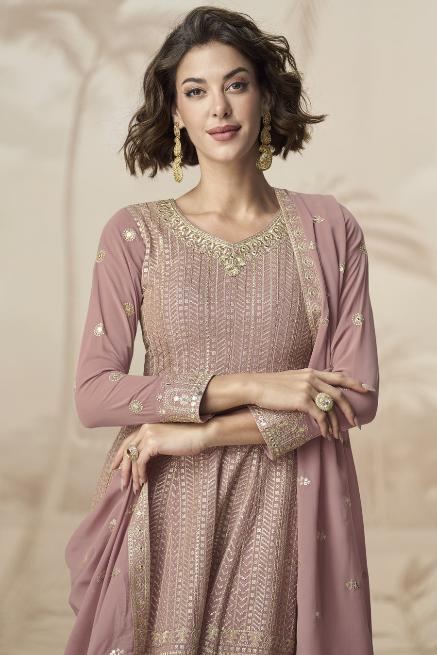 Rose Gold Georgette Palazzo Suit For Indian & Pakistani Wedding Festival - Embroidery Work