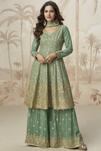 Light Green Georgette Palazzo Suit For Indian & Pakistani Wedding Festival - Embroidery Work