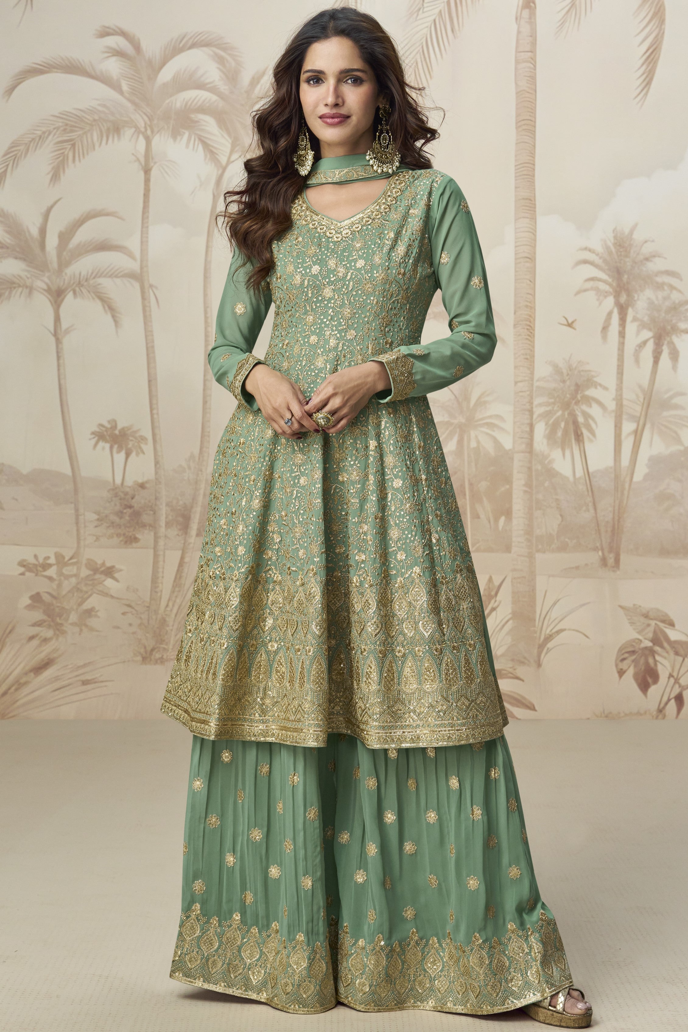 Light Green Georgette Palazzo Suit For Indian & Pakistani Wedding Festival - Embroidery Work