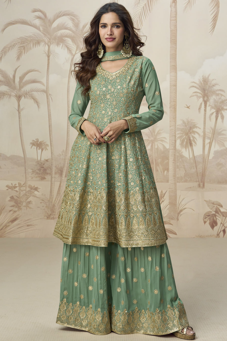 Light Green Georgette Palazzo Suit For Indian & Pakistani Wedding Festival - Embroidery Work