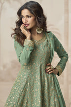 Light Green Georgette Palazzo Suit For Indian & Pakistani Wedding Festival - Embroidery Work