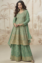 Light Green Georgette Palazzo Suit For Indian & Pakistani Wedding Festival - Embroidery Work
