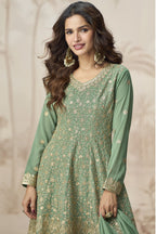 Light Green Georgette Palazzo Suit For Indian & Pakistani Wedding Festival - Embroidery Work